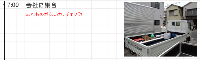 7:00 会社に集合 忘れものがないか、チェック！