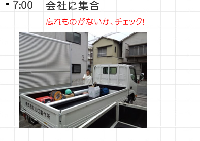 7:00 会社に集合 忘れものがないか、チェック！