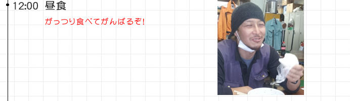 12:00 昼食がっつり食べてがんばるぞ！